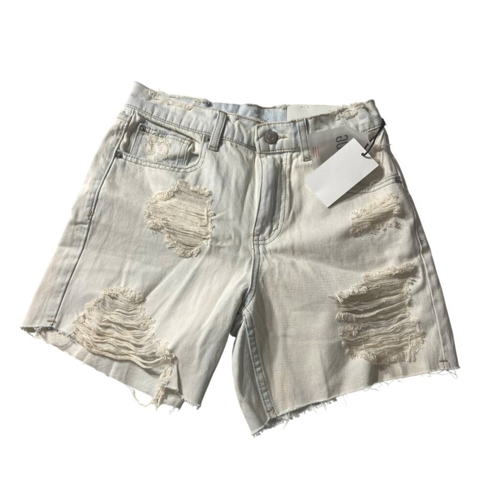 BDG Dropped Waist 24" Waist Destroyed Denim Shorts Blue Distressed Frayed Hem